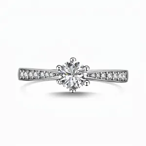 Vintage 925 Sterlingsilber Ring Für Damen Klassisch Sechs-Krallen-Fassung Rund Strass Mikro-Inlaid Mode Verlobung Hochzeit Schmuck Fingerring