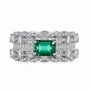 Luxurious S925 Sterling Silver Emerald Cut Green Zirconia Ring For Women Double Row Pave Finger Ring Fashion Jewelry