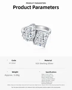 Detalle de anillo de plata 925 con circonita de pera y radiante, dimensiones de 12x8mm