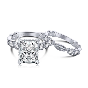 S925 sterling silver bridal ring set with emerald cut zircon in a polished platinum finish