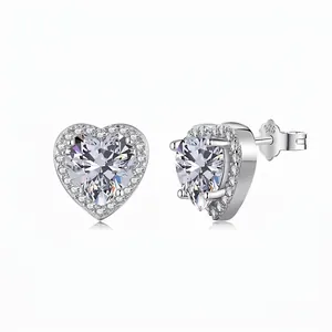 Boucles d'Oreilles Clous en Argent Sterling 925 Forme Cœur Avec Halo en Strass Bijoux Élégants pour Mariage Fête Femme