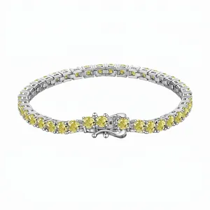 Bracelet de Tennis en Argent Sterling 925 avec Zirconia Jaune Bracelet Rond Géométrique en Zircon Électroplaqué de Luxe pour Bijoux Femme Fête Mariage