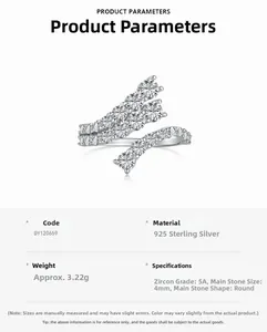 Macro detail of S925 sterling silver ring with irregular zircon inlay and product specs