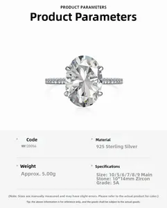 Detailed specs for 10x14mm oval zircon silver ring with 5A cubic zirconia stones