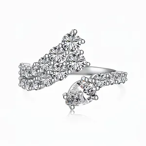 925 Sterling Silver Pear Shaped Zirconia Open Ring For Women Elegant Irregular Bypass Design Adjustable Geometric Finger Ring Jewelry
