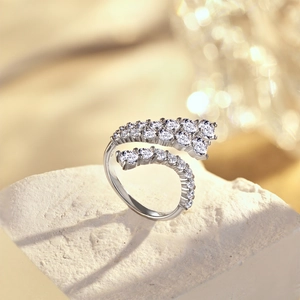 S925 sterling silver open ring with irregular zircon inlay and feather shape design