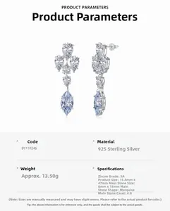 Spécifications des boucles d'oreilles en argent S925 avec zircon bleu marquise 4ct