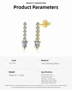 Vue macro de boucles d'oreilles en argent S925 avec zircons en forme de poire 0,25ct
