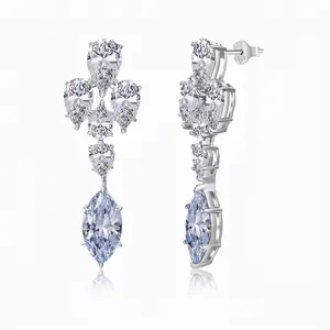 Boucles d'Oreilles Pendantes en Argent Sterling S925 pour Femmes Mariage Européen Exquis Incrusté de Zirconia Goutte d'Eau Taille Marquise