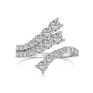 Elegant S925 sterling silver open ring featuring irregular zircon pavé feather design