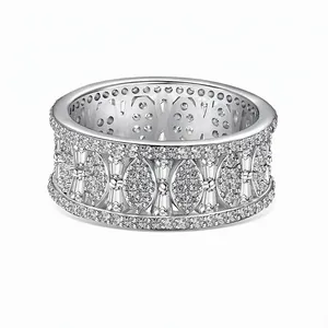 925 Sterling Silver Full Zirconia Inlaid Wide Ring For Women Olive Texture Geometric Band Ring Elegant Commute Jewelry Finger Hand Accessories