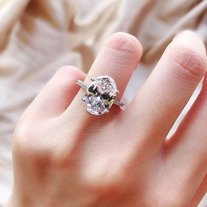 French style S925 silver engagement ring with large oval zircon and pavé diamonds