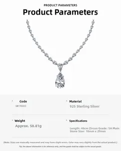 Détail du collier en argent S925 avec pendentif en zircone cubique poire 18x29mm