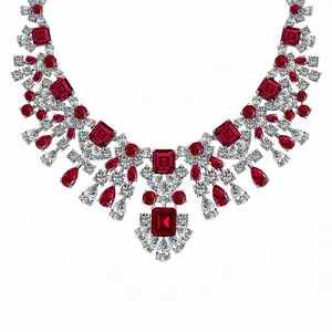 Luxurious S925 Sterling Silver Emerald Ruby Symmetric Necklace For Women Clavicle Chain Necklace Full Pavé Rhinestone Jewelry