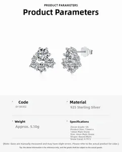 Vue macro de boucles d'oreilles flocon en argent S925 avec pierres de zircone 5A
