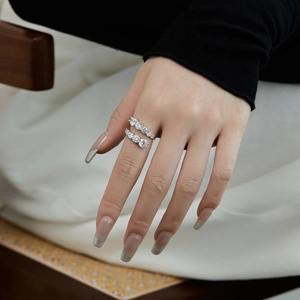 Detailed view of S925 sterling silver open ring with double-row cubic zirconia inlay
