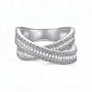 Bague en Argent Sterling S925 Croix X avec Zirconia pour Femme Entrelacée Baguette Ronde CZ Anneau de Doigt Géométrique Personnalisé Cadeau Bijoux