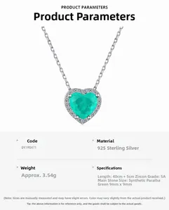 Détails du collier cœur en argent S925 avec zircon vert émeraude et les paramètres