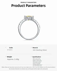 Détail d'une bague en argent 925 avec zircon jaune 7mm taille glace en forme de triangle