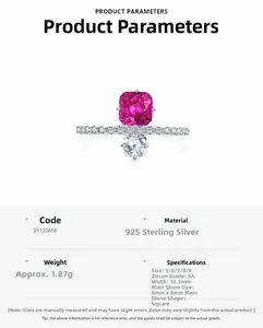 Détails de bague en argent S925 avec zircon rose 6mm et dimensions techniques du bijou
