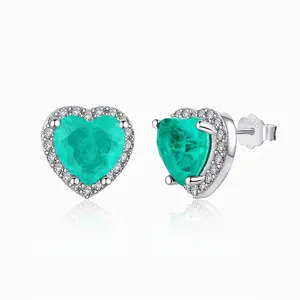 Boucles d'Oreilles Clous en Argent Sterling S925 Forme de Cœur Zirconia Vert Émeraude pour Femmes Bijoux de Banquet de Mariage Incrustés de Halo Vintage Français