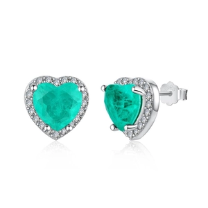 Boucles d'oreilles cœur en argent S925 avec zircone vert émeraude et halo blanc