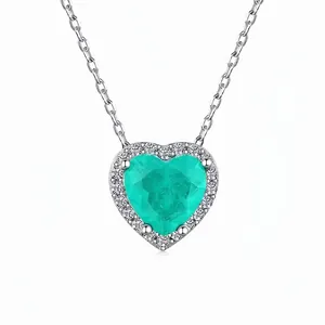 Collier Pendentif Cœur en Argent Sterling 925 Rétro Français Zirconia Vert Émeraude pour Femmes Bijoux de Mode Halo Élégants
