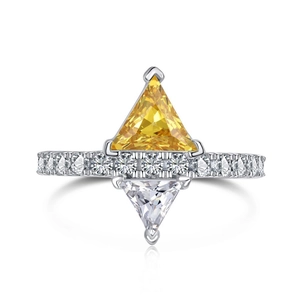 Bague en argent sterling S925 avec zircons triangulaires jaunes et incolores verticaux