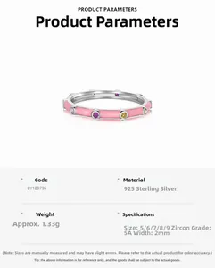 Detail showing 925 silver ring specifications with 2mm width and 5A grade zircon stones
