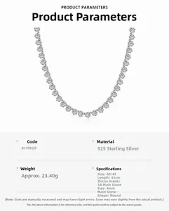 Détail d'un collier tennis en argent 925 avec des zircons cubiques ronds de 4 mm 5A