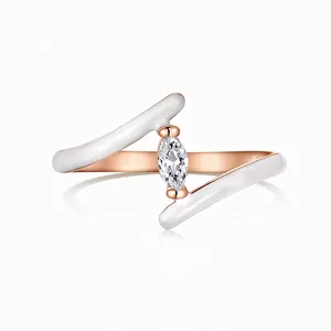 925 Sterling Silver Ring For Women Marquise Zirconia White Enamel Asymmetric Geometric Finger Ring Fashion Jewelry Gift