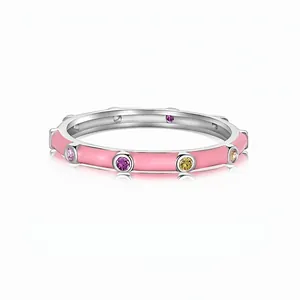 S925 Sterling Silver Ring For Women Pink Enamel Colorful Rhinestone Inlaid Dainty Fashion Jewelry Finger Ring Gift