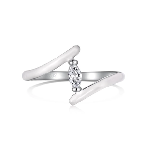 Minimalist S925 sterling silver ring with marquise-cut zircon and asymmetric twisted design