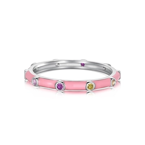 Elegant S925 sterling silver ring with pink enamel and colorful zircon gemstones