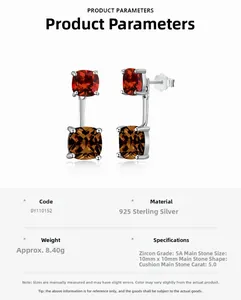 Close-up of S925 sterling silver earrings with red and brown cushion-cut zircon stones