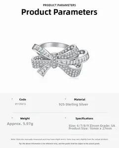 Detail view of S925 silver bow ring with zircon inlay and weight specifications