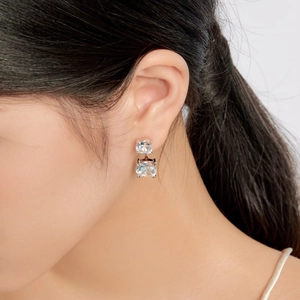 Elegant S925 sterling silver double square zircon stud earrings on model ear