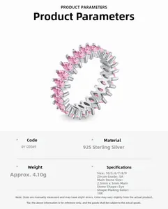 Spécifications de bague en argent S925 avec zircone rose 5A taille marquise