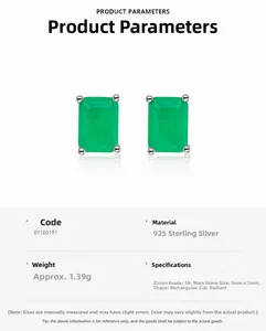Specifications of S925 sterling silver earrings with rectangular emerald green zircon