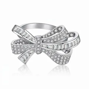 925 Sterling Silver Bowknot Ring For Women Luxurious Zirconia Inlaid Fashion Commuter Style Jewelry Wedding Engagement Gift