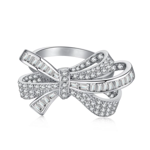 Sparkling S925 sterling silver bow ring featuring pave-set cubic zirconia stones