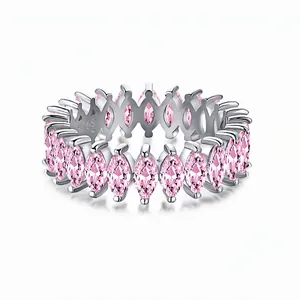 Bague Éternité en Argent Sterling 925 Zirconia Taille Marquise Alliance Pierres Rose Blanc Scintillantes Bijoux Femme Cadeau