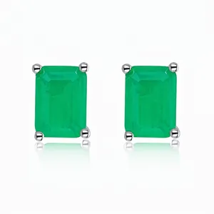 Luxury 925 Sterling Silver Emerald Cut Zirconia Stud Earrings For Women Retro Rectangle Green Blue Wedding Jewelry