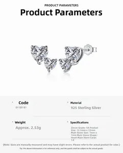 Detail view of heart-shaped S925 sterling silver earrings with clear zircon stones