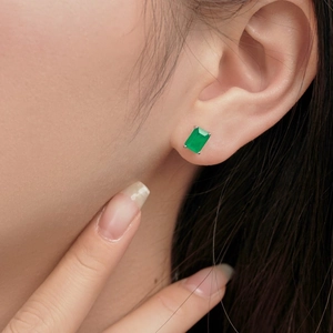 Elegant S925 sterling silver studs with rectangular emerald-style zircon on ear