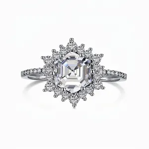 Bague en Argent Sterling 925 pour Femme Luxe Hexagone Zirconia Incrusté Tournesol Engagement Mariage Banquet Bijoux Cadeau
