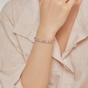 S925 silver tennis bracelet featuring multi-color square-cut zircons on a female model