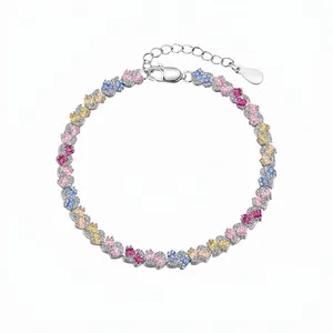 Bracelet en Argent Sterling 925 Avec Zirconia Coloré pour Femmes Bracelet de Tennis de Luxe Coupe Cœur Bijoux Cadeau