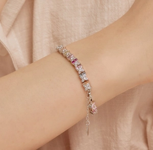 Elegant S925 sterling silver bracelet with colorful zircon stones and adjustable chain