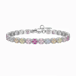 Bracelet Zirconia Coloré en Argent Sterling S925 Pour Femmes Mode Géométrique Incrusté Couleur Bonbon Mariage Fête Bijoux